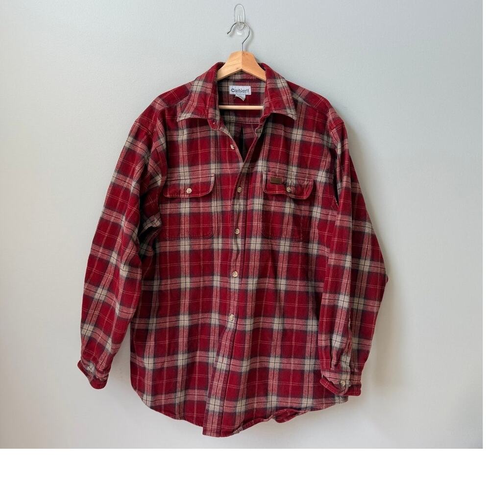 Vintage Carhartt Men's XL Red Plaid Heavyweight Cotton Flannel Shirt S145DKR Y2K